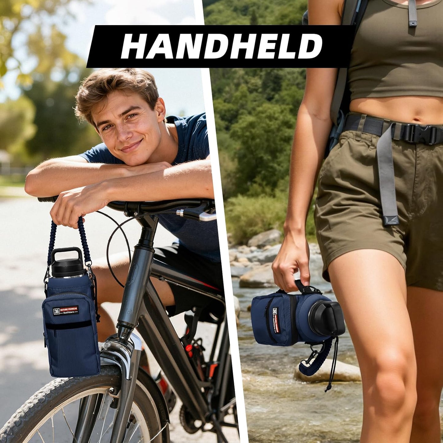 NATURE PIONEOR Water Bottle Holder with Adjustable Strap - 26/32/36/40/46/64oz Insulated Water Bottle Sling Carrier with Paracord Handle & 2 Pockets, Outdoor Sports, Hiking, Camping, Gym