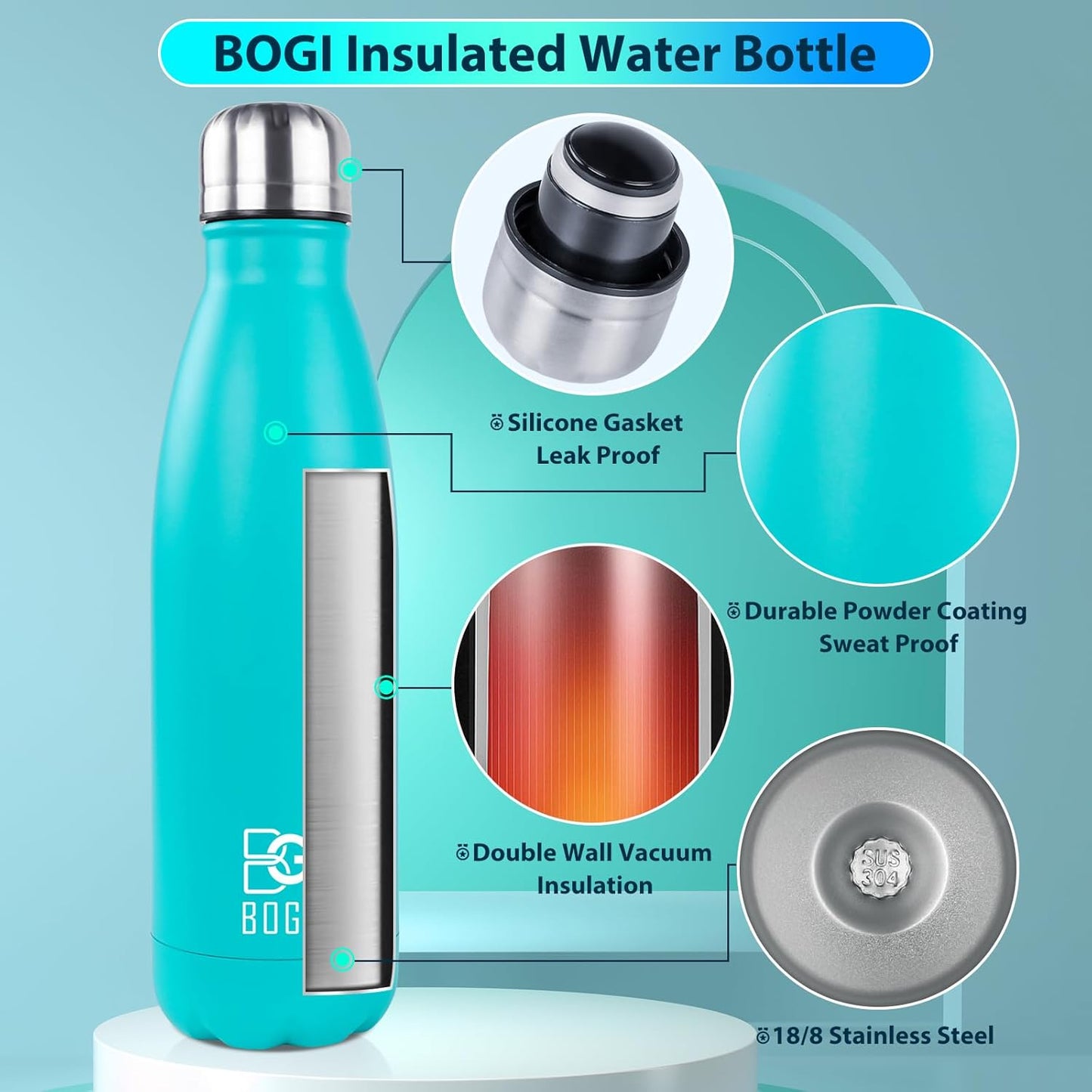 BOGI 17oz Insulated Water Bottle Double Wall Vacuum Stainless Steel Water Bottles, Leak Proof Metal Sports Water Bottle Keeps Drink Hot and Cold - Perfect for Outdoor Sports Camping Biking (Purple)