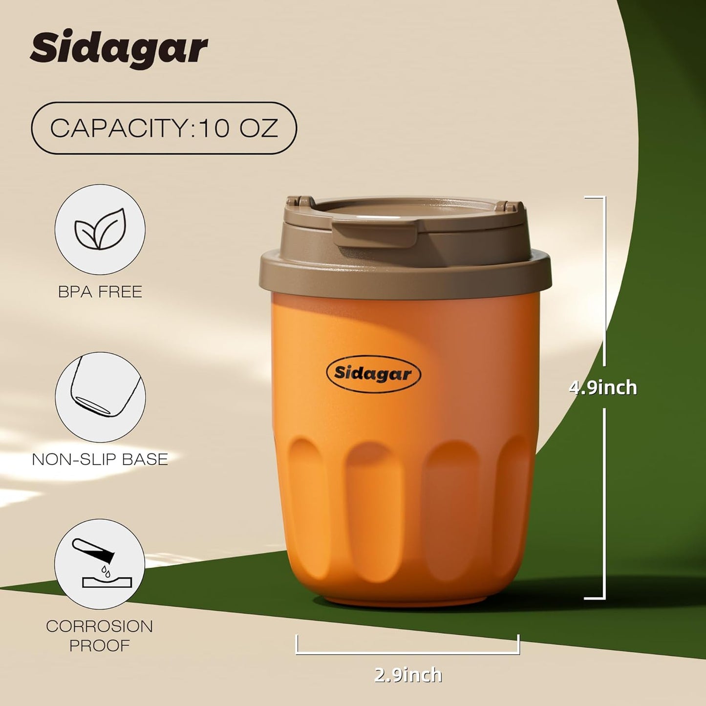Travel Coffee Mug 10 oz Ceramic Lined Tumbler, Double Wall Stainless Steel Coffee Cup with Lid, Vacuum Spill Proof Mini Water Bottle, Insulated Thermal Mug for Home Office, Orange