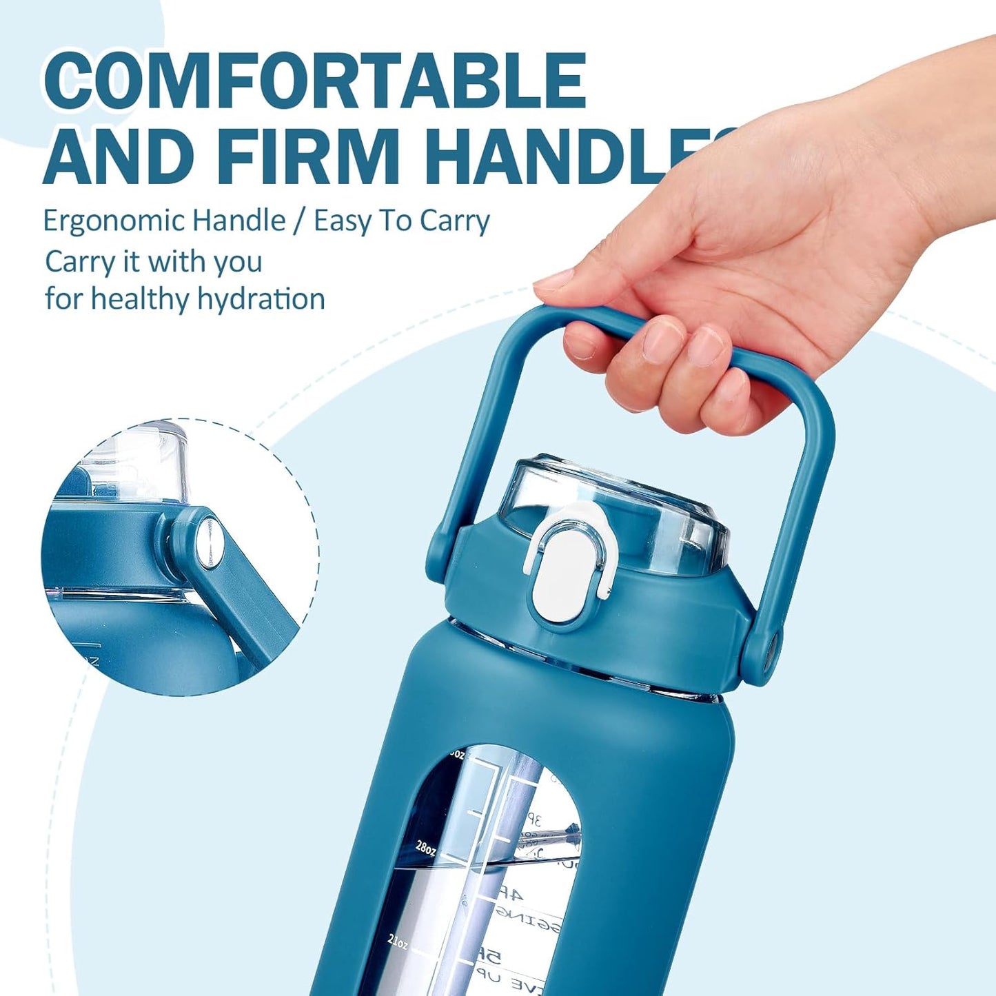 64oz Glass Water Bottles with Straw, Half Gallon Motivational Glass Bottle with Silicone Sleeve and Time Marker, 2L Leakproof Large Glass Water Jug for Gym Home Office,olive