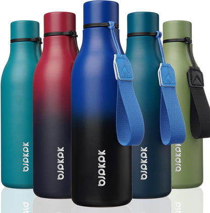 BJPKPK Insulated Water Bottles, 18 oz Stainless Steel Metal Water Bottle with Strap, BPA Free Leak Proof Jugs, Mugs, Flasks, Reusable Thermal Flasks for Sports & Travel, Black - Colors A