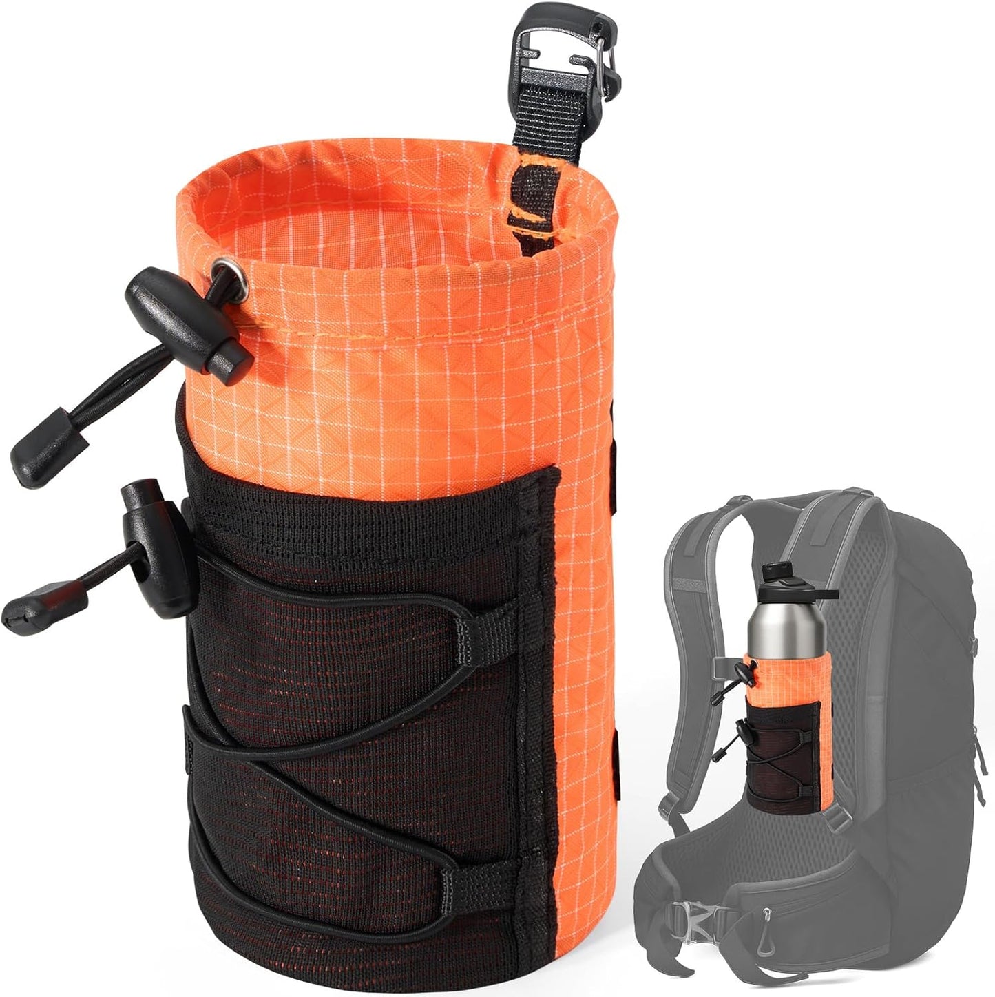 Water Bottle Holder Pouch with Hook Buckle, Backpack Water Bottle Holder Mesh Bag Carrier Fits for 8-24oz Bottles for Hiking, Running, Travel, Outdoor Backpack Accessories & Attachments