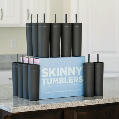 STRATA CUPS Perwinkle Skinny Tumblers with Lids and Straws (4 pack), 16oz Matte Pastel Colored Acrylic Tumblers with Lids and Straws, Double Wall Skinny Tumbler Bulk, Reusable Cup with Straw Cleaner