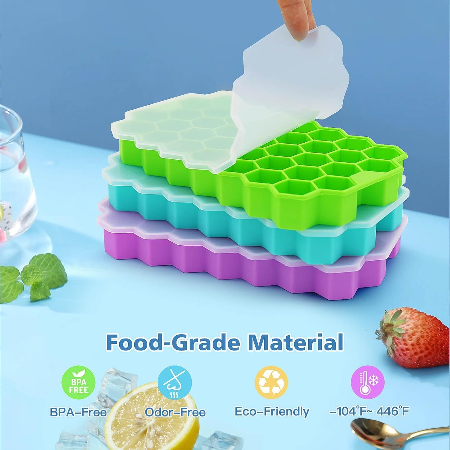 Azyh Ice Cube Trays with Lid, 2 Pack Silicone Ice Cube Trays with Lid-37 Grid, Easy-Release 74 PCS Small Ice Cubes for Iced Coffee Cocktail Whisky Chocolate Soup Food,BPA Free,Durable,Dishwasher Safe