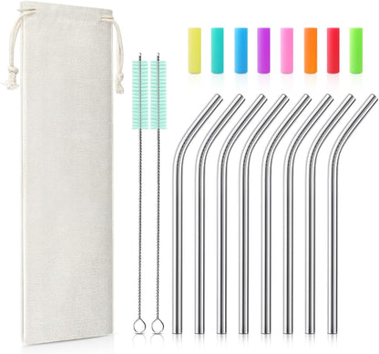 Teivio 8 Pack Short Stainless Steel Straws 6 inch Bent Metal Reusable Straws with Silicone Tips and Case, Cleaning Brush and Carry Bag for Cocktail Glasses, Small Cups