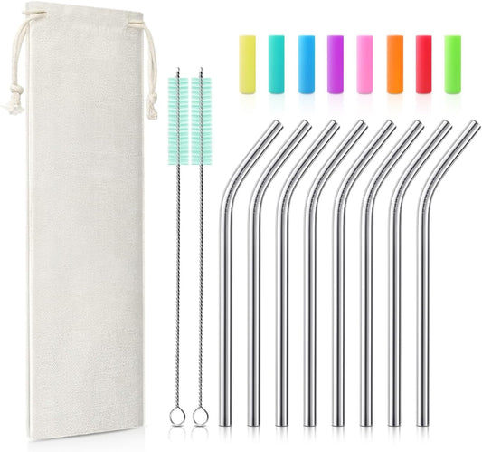 Teivio 8 Pack Short Stainless Steel Straws 6 inch Bent Metal Reusable Straws with Silicone Tips and Case, Cleaning Brush and Carry Bag for Cocktail Glasses, Small Cups