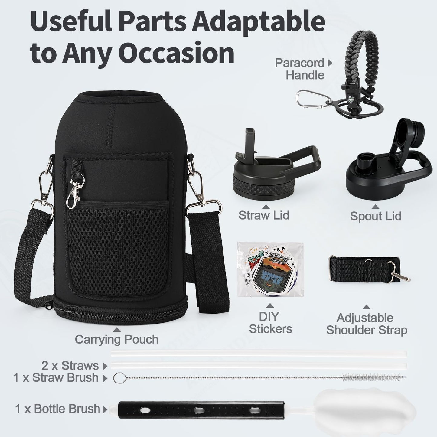 WixByti 40 oz Insulated Water Bottle with Straw (Cold for 36 Hrs), Stainless Steel Triple Wall Vacuum Sports Water Jug, Leakproof Hydro Cup Flask with Paracord Handle & Straw Spout Lids & DIY Stickers