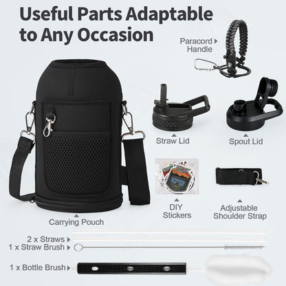 WixByti 40 oz Insulated Water Bottle with Straw (Cold for 36 Hrs), Stainless Steel Triple Wall Vacuum Sports Water Jug, Leakproof Hydro Cup Flask with Paracord Handle & Straw Spout Lids & DIY Stickers