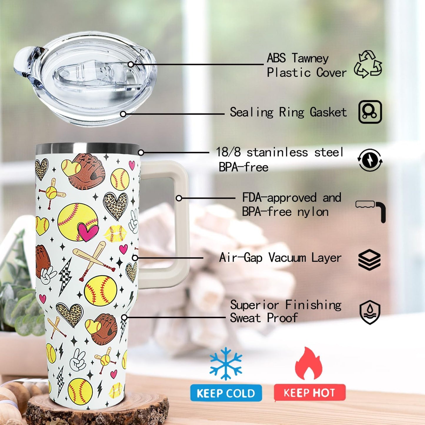 Ceovfoi 40 oz Pickleball Coffee Mug Vacuum Insulated Travel Tumbler with Handle, Lid & Straw - Perfect Pickleball Gifts for Players, Coaches, Lovers | Pickleball Accessories