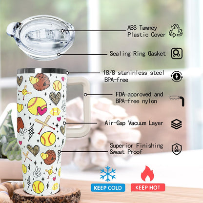 Ceovfoi 40 oz Pickleball Coffee Mug Vacuum Insulated Travel Tumbler with Handle, Lid & Straw - Perfect Pickleball Gifts for Players, Coaches, Lovers | Pickleball Accessories