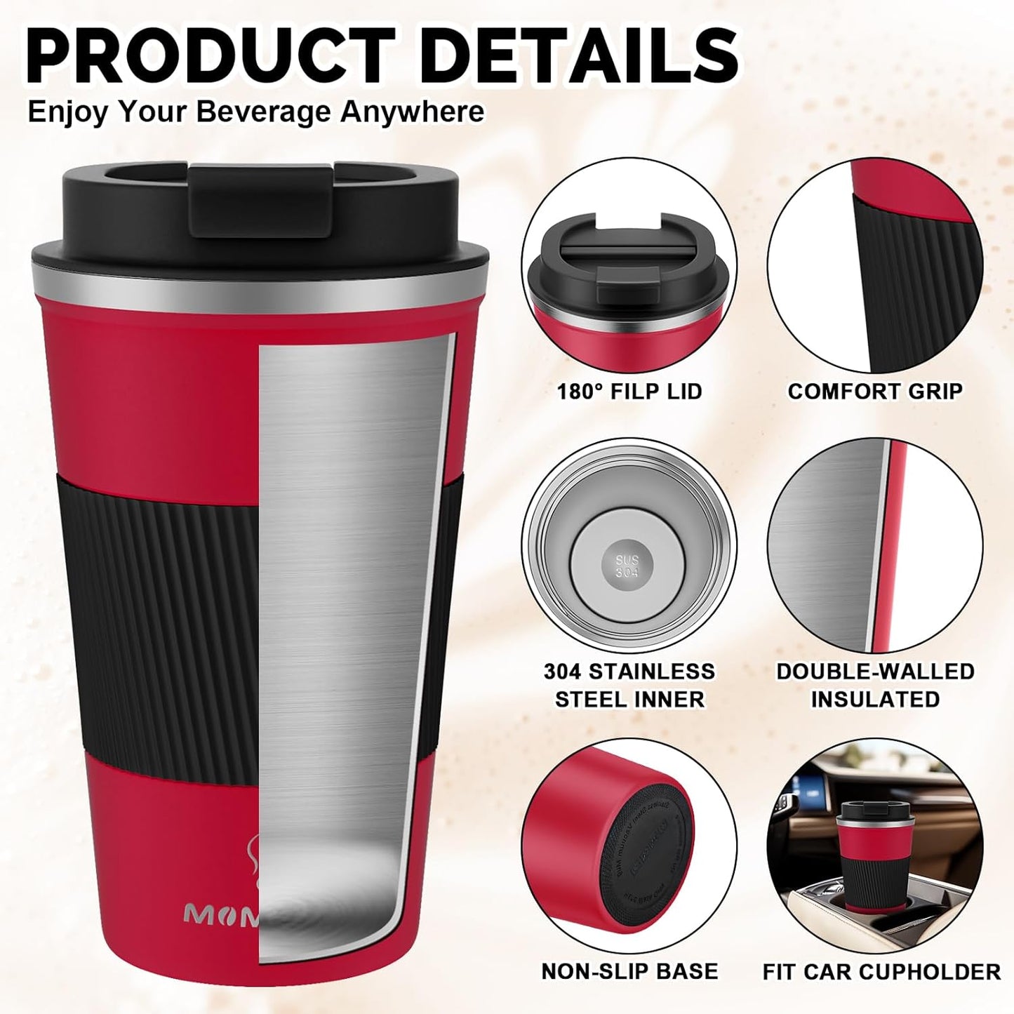 MOMSIV 12oz Travel Mug, Insulated Coffee Cup with Leakproof Lid, Travel Coffee Mug Vacuum Stainless Steel Double Walled Reusable Coffee Cup for Hot and Cold Water Coffee