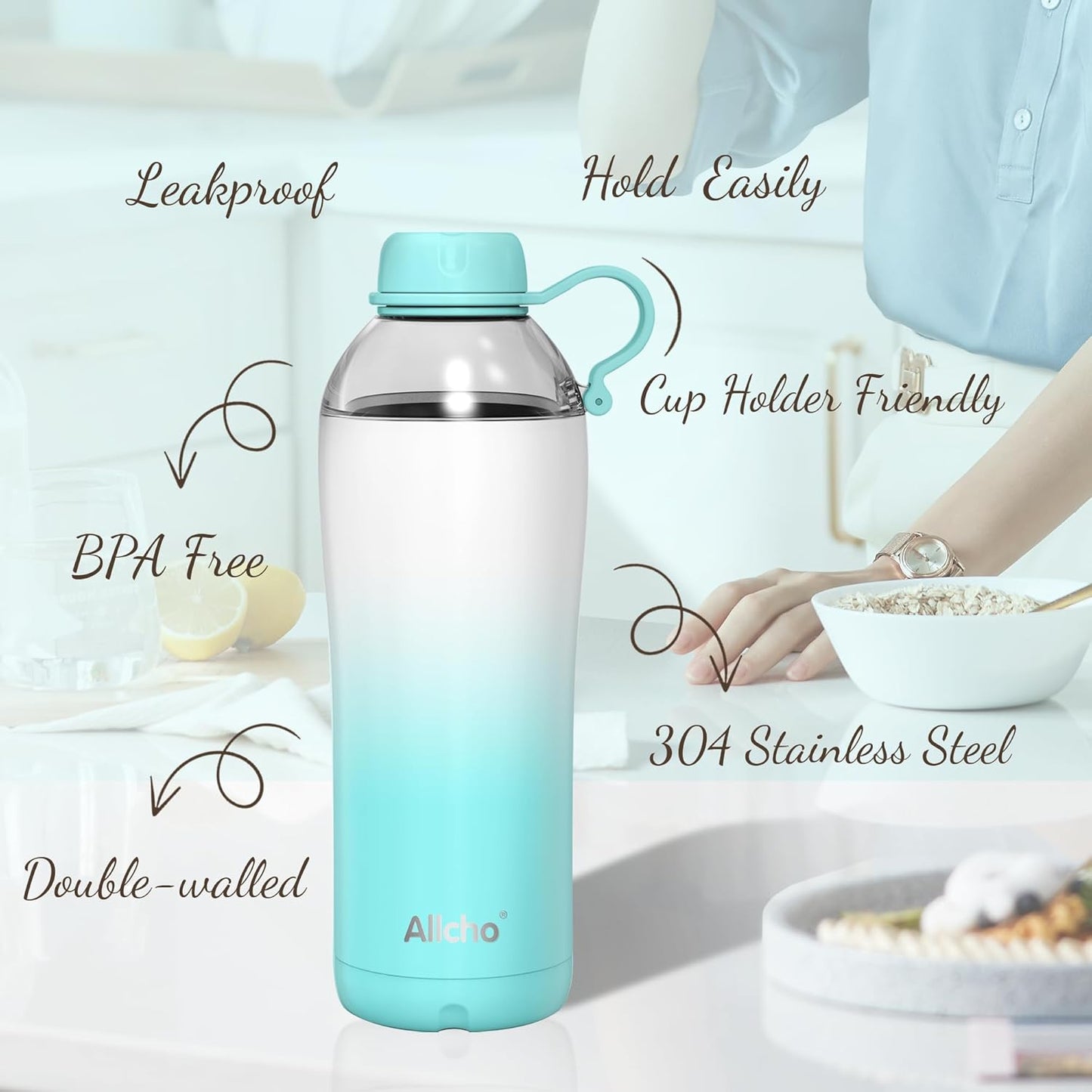 Allcho Insulated Water Bottle for Women, 18oz Stainless Steel Leak Proof Tumbler with 2 Lids, BPA-Free Tritan Chug & Straw Lid, Double Wall Vacuum Flask
