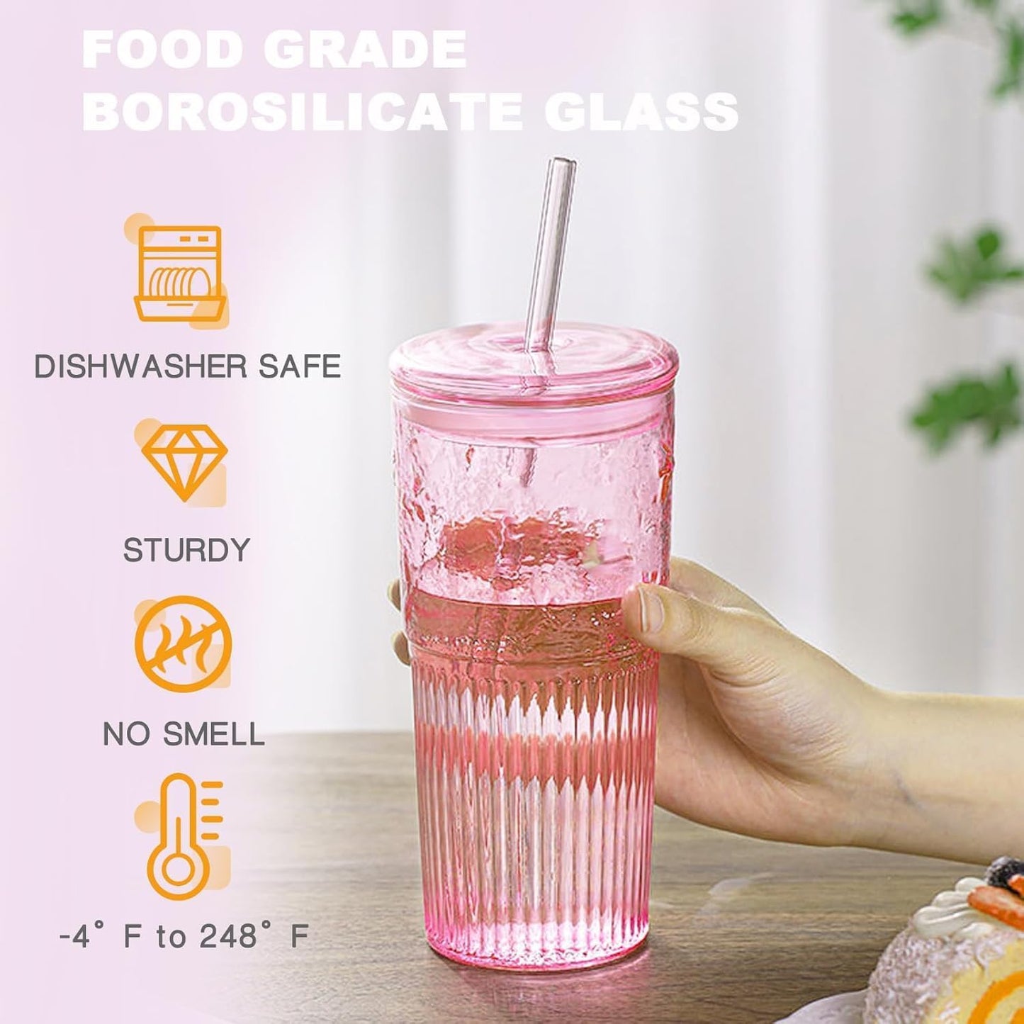 JunVpic Glass Cups with Lids and Straws,24oz Glass Tumbler with Handle Iced Coffee Cup for Coffee,Juice,Tea,Milk,Smoothie,Hot & Cold Drinks (Pink)