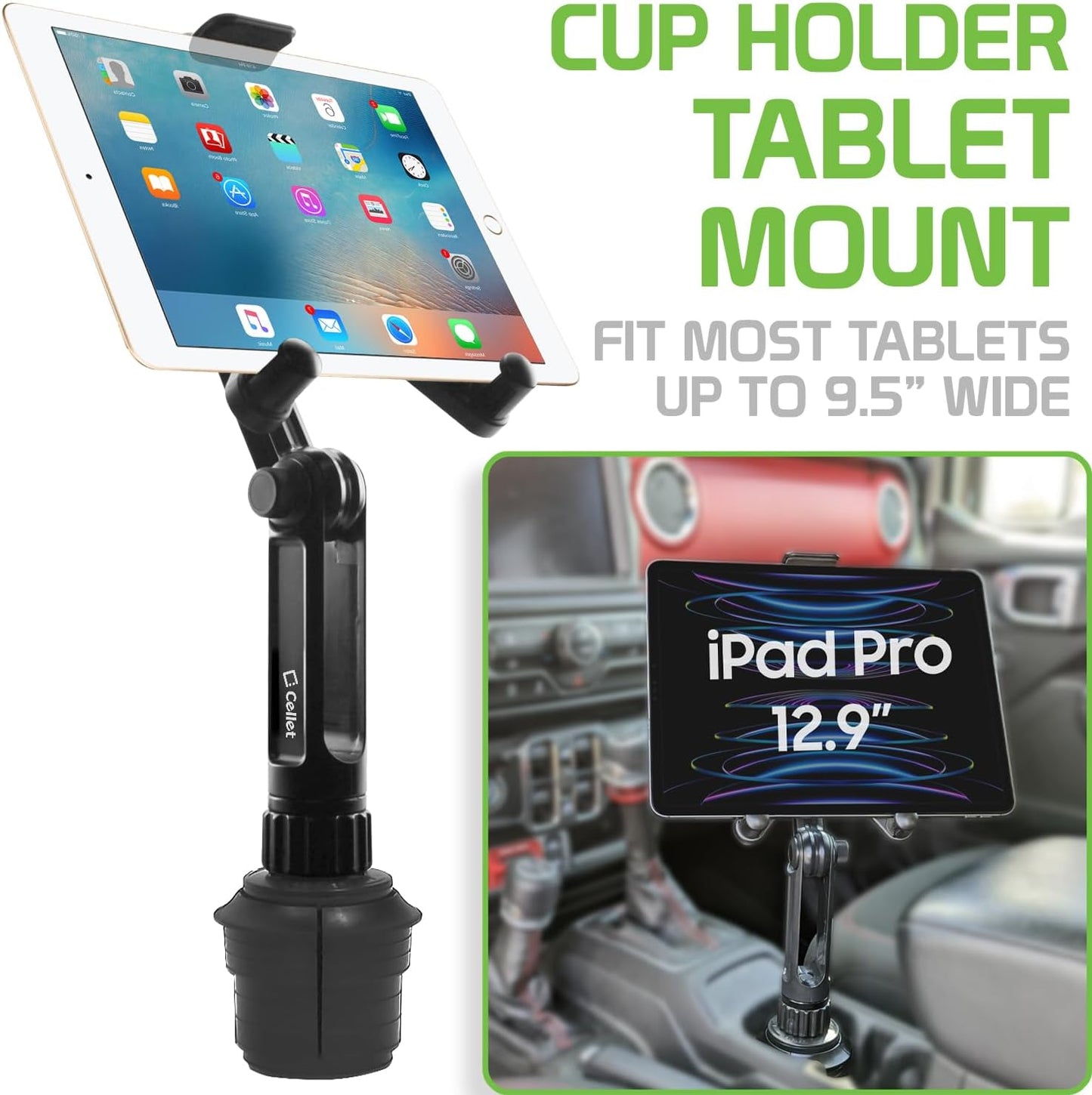 Cellet Cup Holder Tray for Car with Phone Mount – Expandable Base, 360° Rotation Food & Drink Tray with Non-Slip Surface, Adjustable Arm for Eating in Vehicle – Fits Most Standard Car Cup Holders
