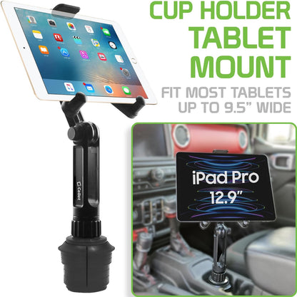 Cellet Cup Holder Tray for Car with Phone Mount – Expandable Base, 360° Rotation Food & Drink Tray with Non-Slip Surface, Adjustable Arm for Eating in Vehicle – Fits Most Standard Car Cup Holders