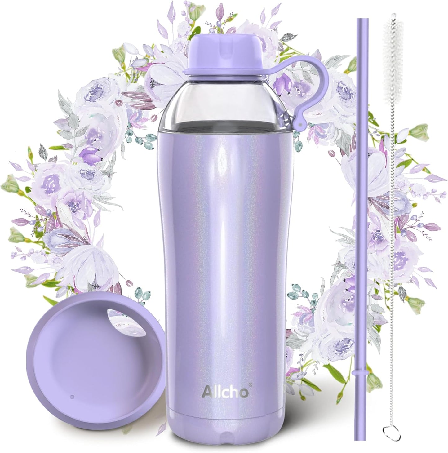 Allcho Insulated Water Bottle for Women, 18oz Stainless Steel Leak Proof Tumbler with 2 Lids, BPA-Free Tritan Chug & Straw Lid, Double Wall Vacuum Flask