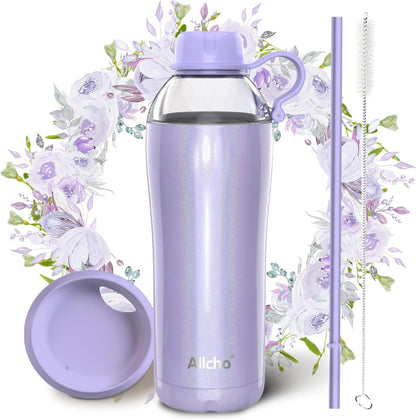 Allcho Insulated Water Bottle for Women, 18oz Stainless Steel Leak Proof Tumbler with 2 Lids, BPA-Free Tritan Chug & Straw Lid, Double Wall Vacuum Flask