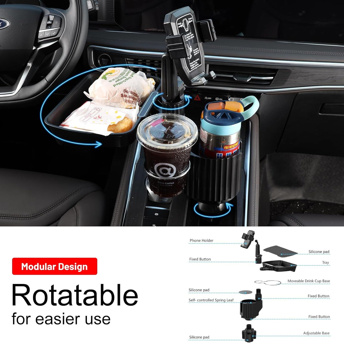 Car Large Cup Holder Expander, 5-in-1 Cupholder Extender with Phone Holder & Swivel and Detachable Snack Food Tray Table for Eating, Travel Essentials for Road Trips for Driver. Model C
