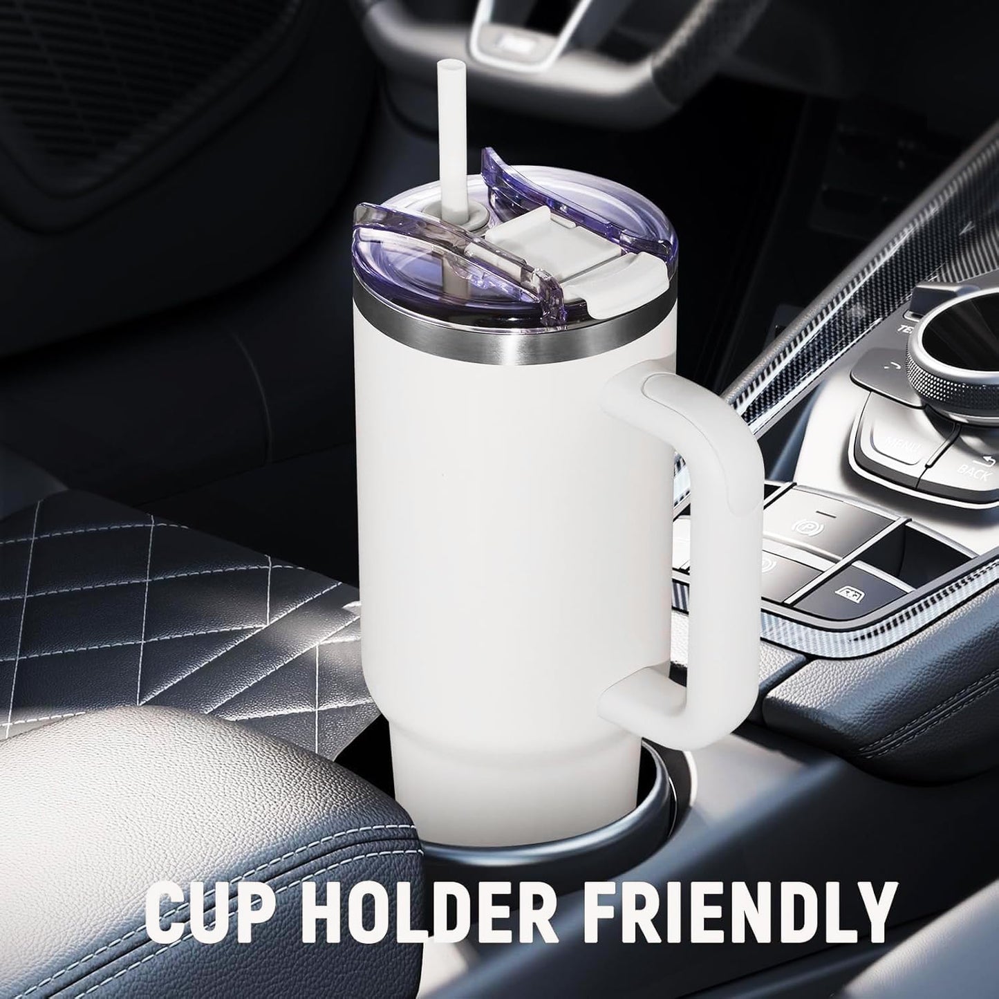 40 oz Tumbler with Handle and Straw Lid,Insulated Reusable Stainless Steel Water Bottle Travel Mug，Cupholder Friendly Double Wall Vacuum Sealed Cup (Black)