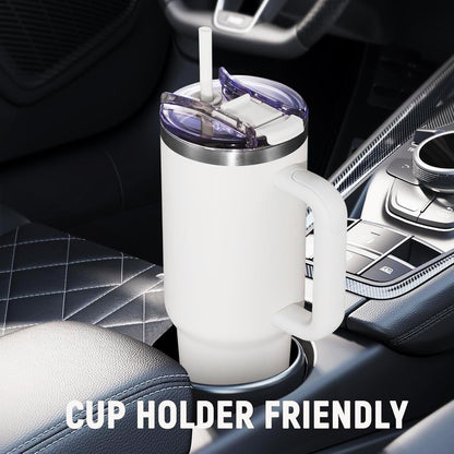 40 oz Tumbler with Handle and Straw Lid,Insulated Reusable Stainless Steel Water Bottle Travel Mug，Cupholder Friendly Double Wall Vacuum Sealed Cup (Black)