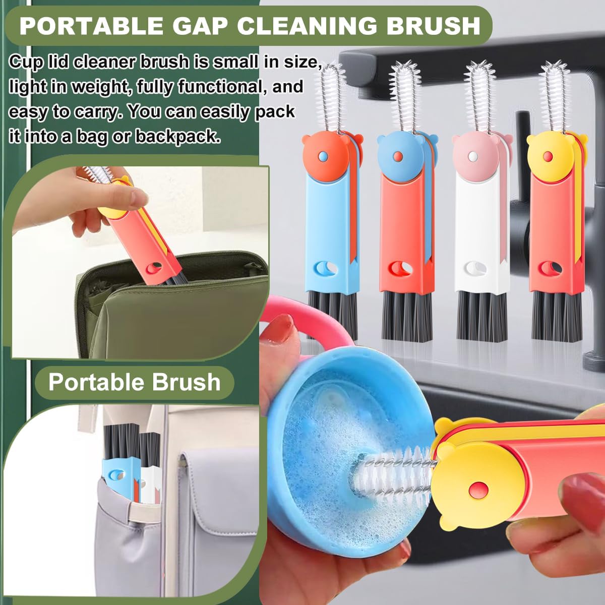 3 in 1 Cup Lid Cleaning Brush, Portable Cup Cleaner Brush, New Water Bottle Lid Cleaner Brush, Multifunctional Cleaning Brush - Home Kitchen Cleaning Tools for Tight Spaces & Bottle Gaps, 3 PCS