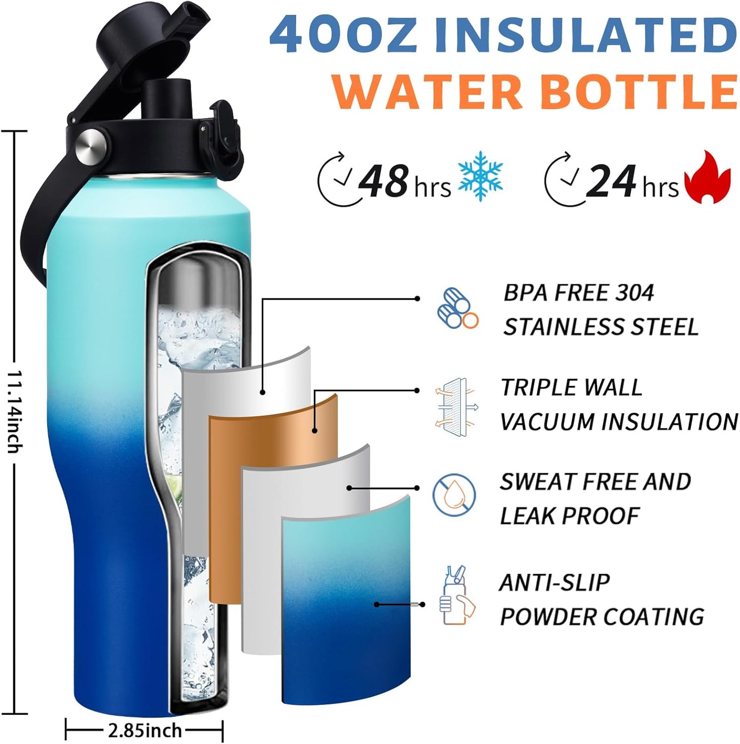 Insulated Water Bottle 40 oz - Fits in any Car Cup Holder, Keep Cold 48H Hot 24H, Stainless Steel Waterbottle Double Wall Flask with Straw, Pop-up Spout Lid, Paracord Handle, Carrier Bag