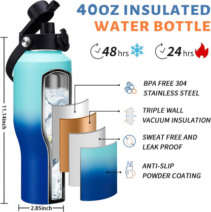 Insulated Water Bottle 40 oz - Fits in any Car Cup Holder, Keep Cold 48H Hot 24H, Stainless Steel Waterbottle Double Wall Flask with Straw, Pop-up Spout Lid, Paracord Handle, Carrier Bag