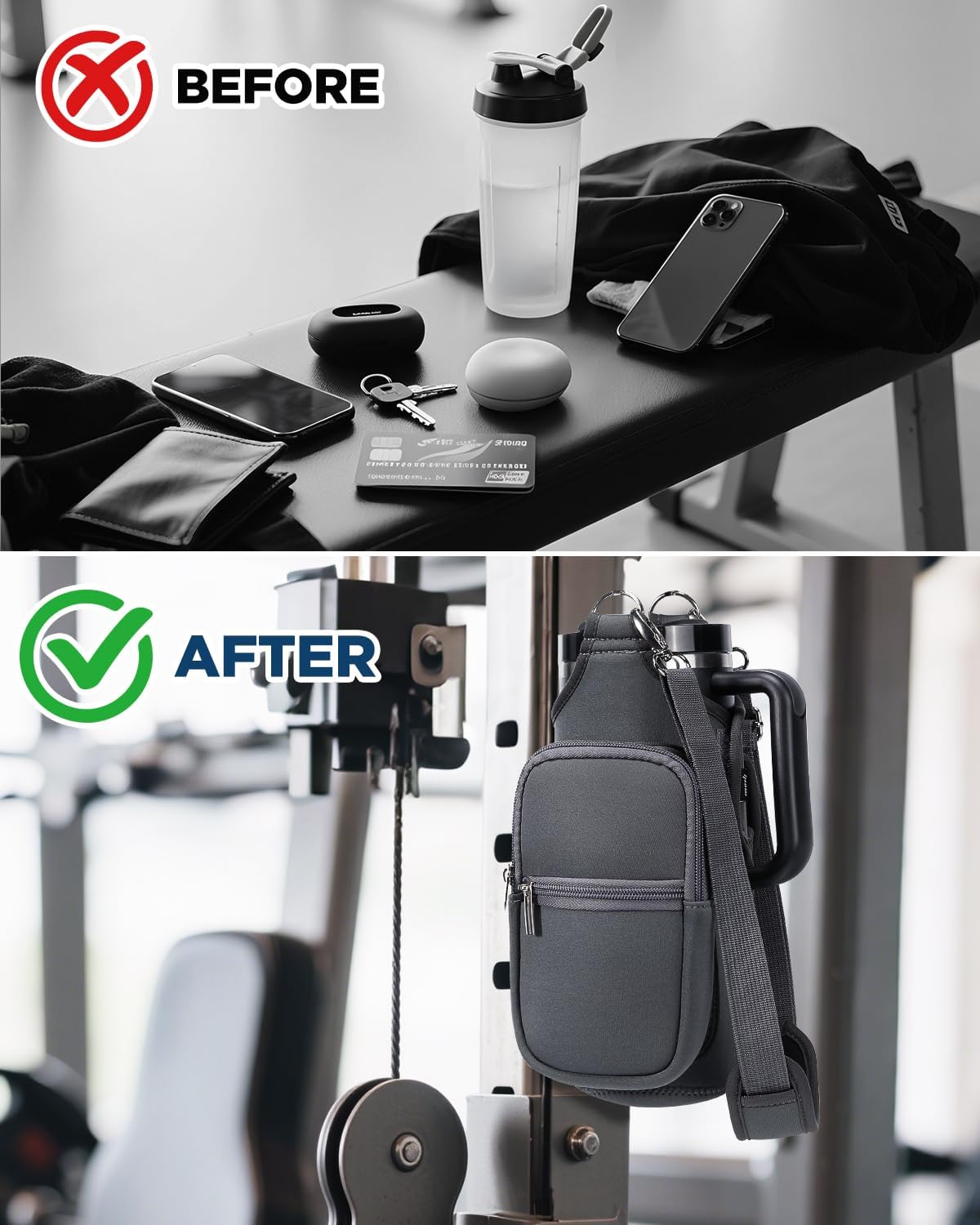 IPOW Magnetic Gym Bag Water Bottle Carrier Holder with Phone Pockets & Shoulder Strap for Men Women,Water Bottle Holder, Gym Pouch, Crossbody Bag for Travel, Sports, Work, Fitness - Black