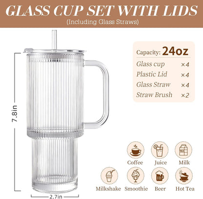 Iced Coffee Cups with Lids: Coffee Bar Accessories - Ribbed Glass Tumbler with Straw and Lid 4Pcs - 20oz Leak Proof Tumbler - Reusable Glass Cups and Tumblers with Lid and Straws for To Go Iced Coffee