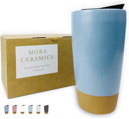 Mora Double Wall Ceramic Coffee Travel Mug with Lid, 14 oz, Portable, Microwave, Dishwasher Safe, Insulated Reusable Tall Cup, Splash Resistant Lid - To Go Tumbler for Car Cup Holder, Nightwaves