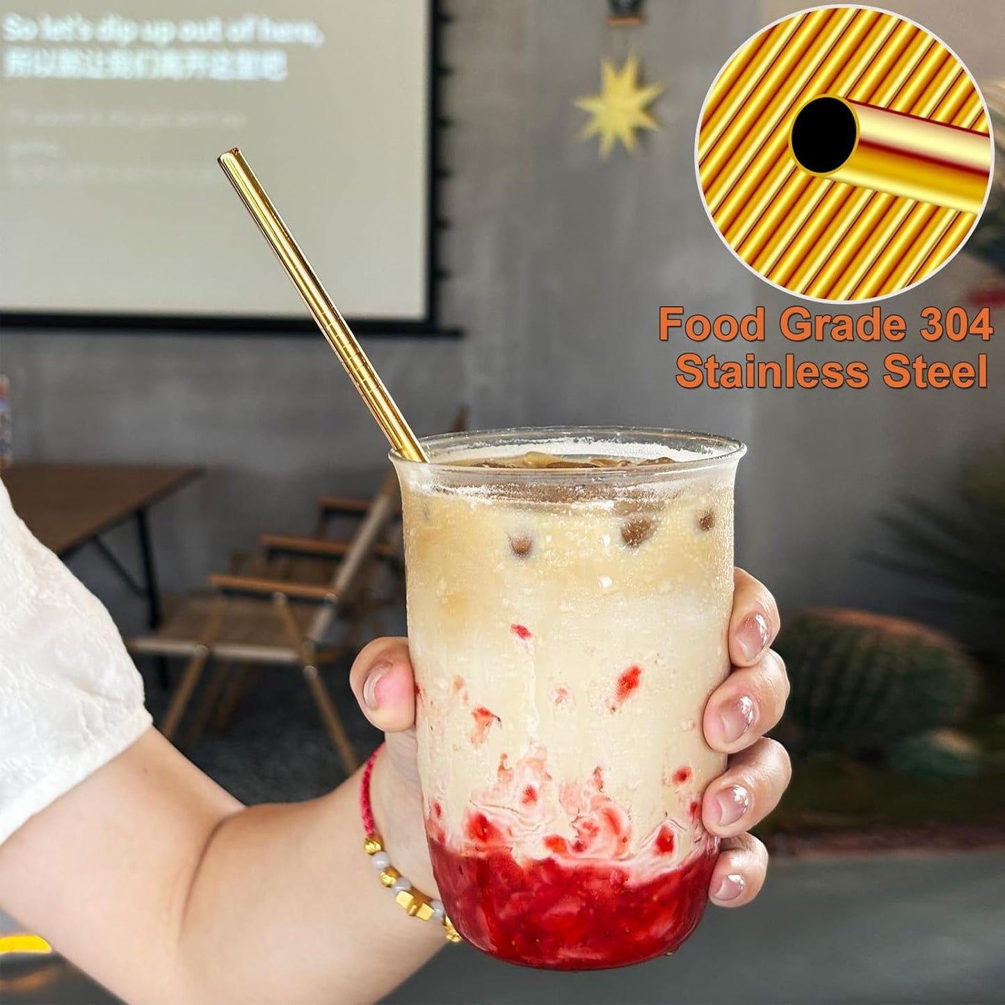 Stainless Steel Straws Metal Reusable Drinking Straw for Juice Iced Coffee Cold Beverage Water Highball Glasses 20oz Tumblers Mugs Cups, 0.24" 6mm Wide 215mm Long, Set of 8 with Brush, Silver