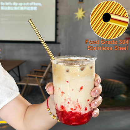 Stainless Steel Straws Metal Reusable Drinking Straw for Juice Iced Coffee Cold Beverage Water Highball Glasses 20oz Tumblers Mugs Cups, 0.24" 6mm Wide 215mm Long, Set of 8 with Brush, Silver