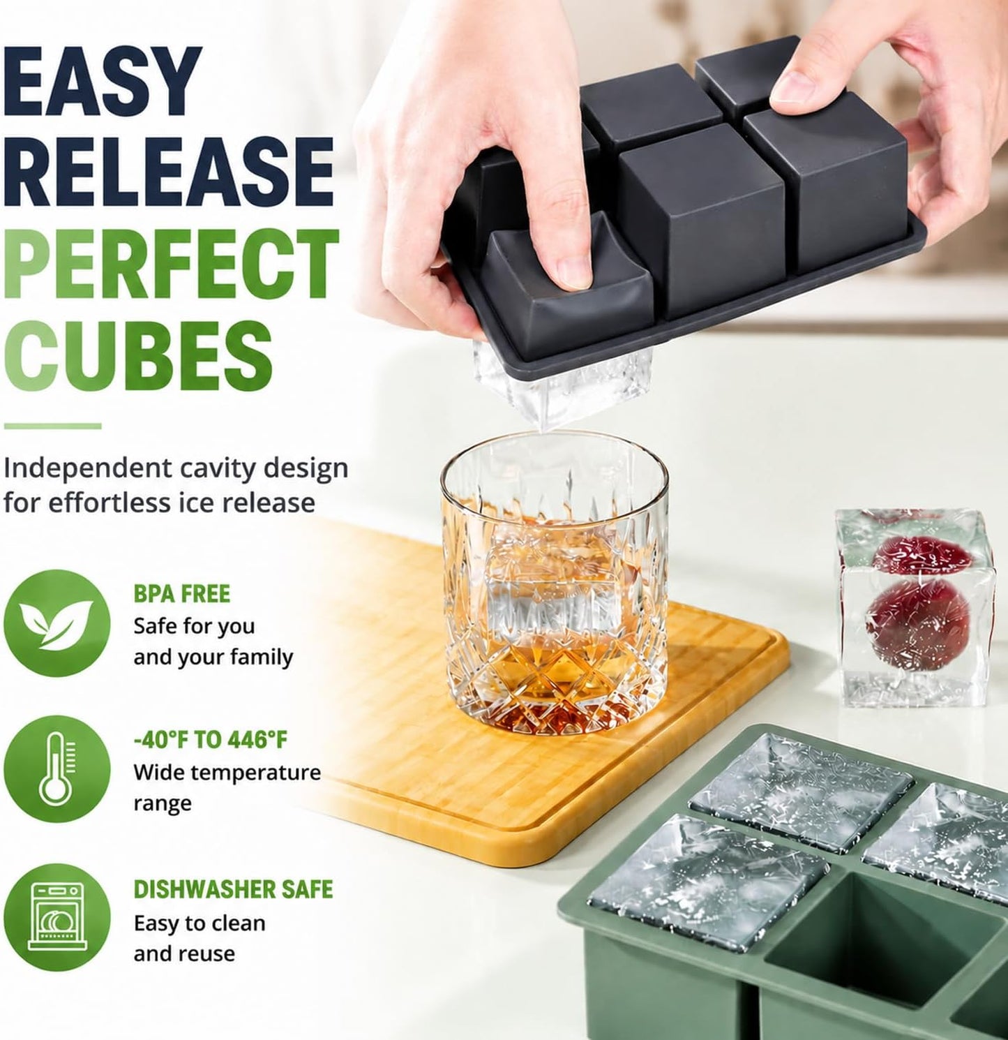Large Ice Cube Tray for Whiskey: 2" Big Silicone Ice Tray with Lid for Whisky - 3Pack Old Fashioned Ice Cube Trays for Cocktail - Huge Square Cubed Bourbon Ice Cube Maker