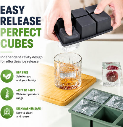 Large Ice Cube Tray for Whiskey: 2" Big Silicone Ice Tray with Lid for Whisky - 3Pack Old Fashioned Ice Cube Trays for Cocktail - Huge Square Cubed Bourbon Ice Cube Maker