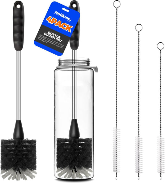 Holikme Bottle Brush Cleaner Set, 14" Long Handle Stainless Steel Bottle Cleaner Brush, 3 Straw Cleaner Brush, Bottle Cleaning Brush for Water Bottle, Cups, Abrasive Wheel Brushes, Straws Black