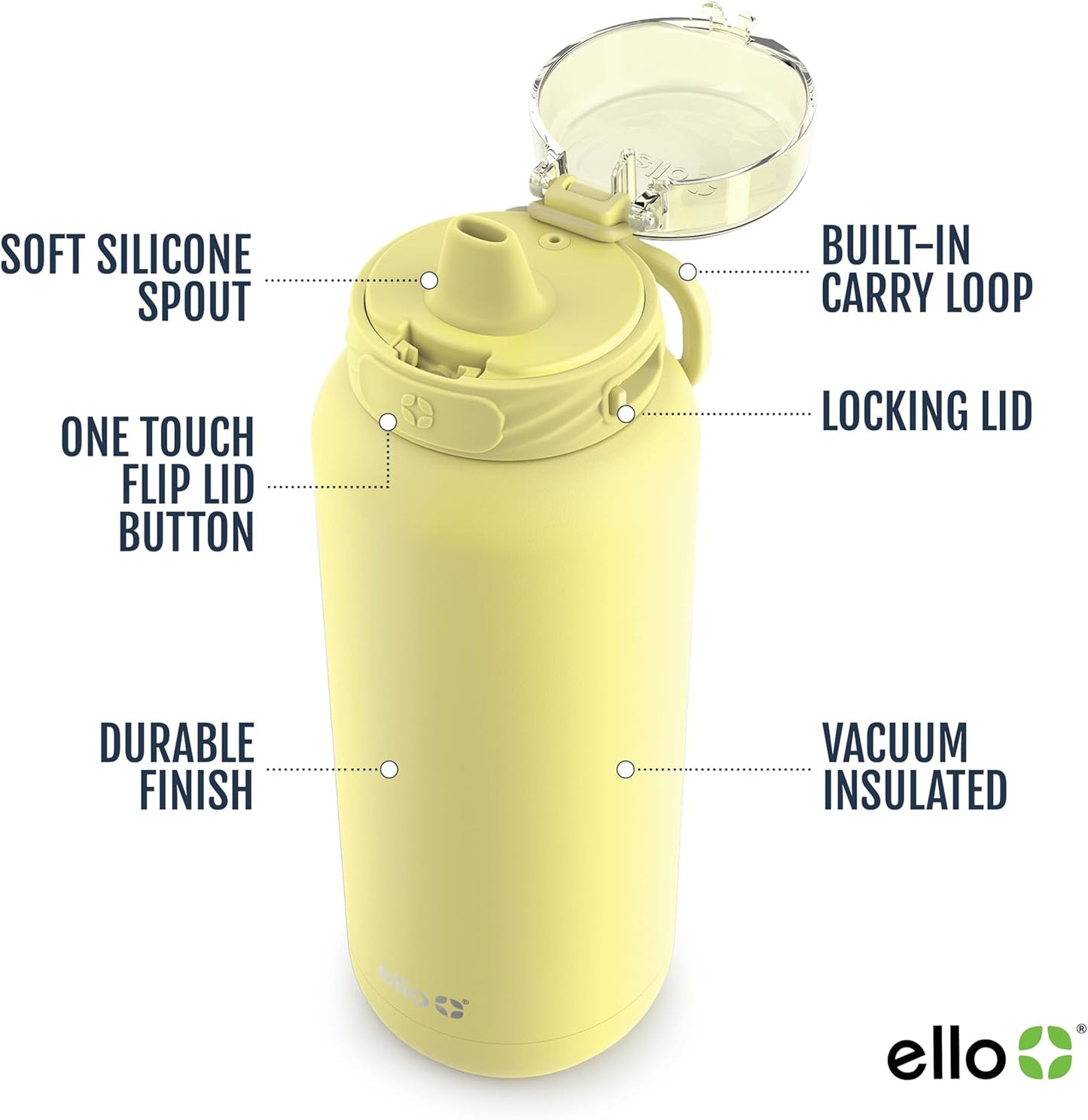 Ello Cooper 22oz Stainless Steel Water Bottle with Straw and Carry Handle, Double Walled and Vacuum Insulated Metal, Leak Proof Locking Lid with Soft Silicone Spout, Reusable, BPA Free, Lilac