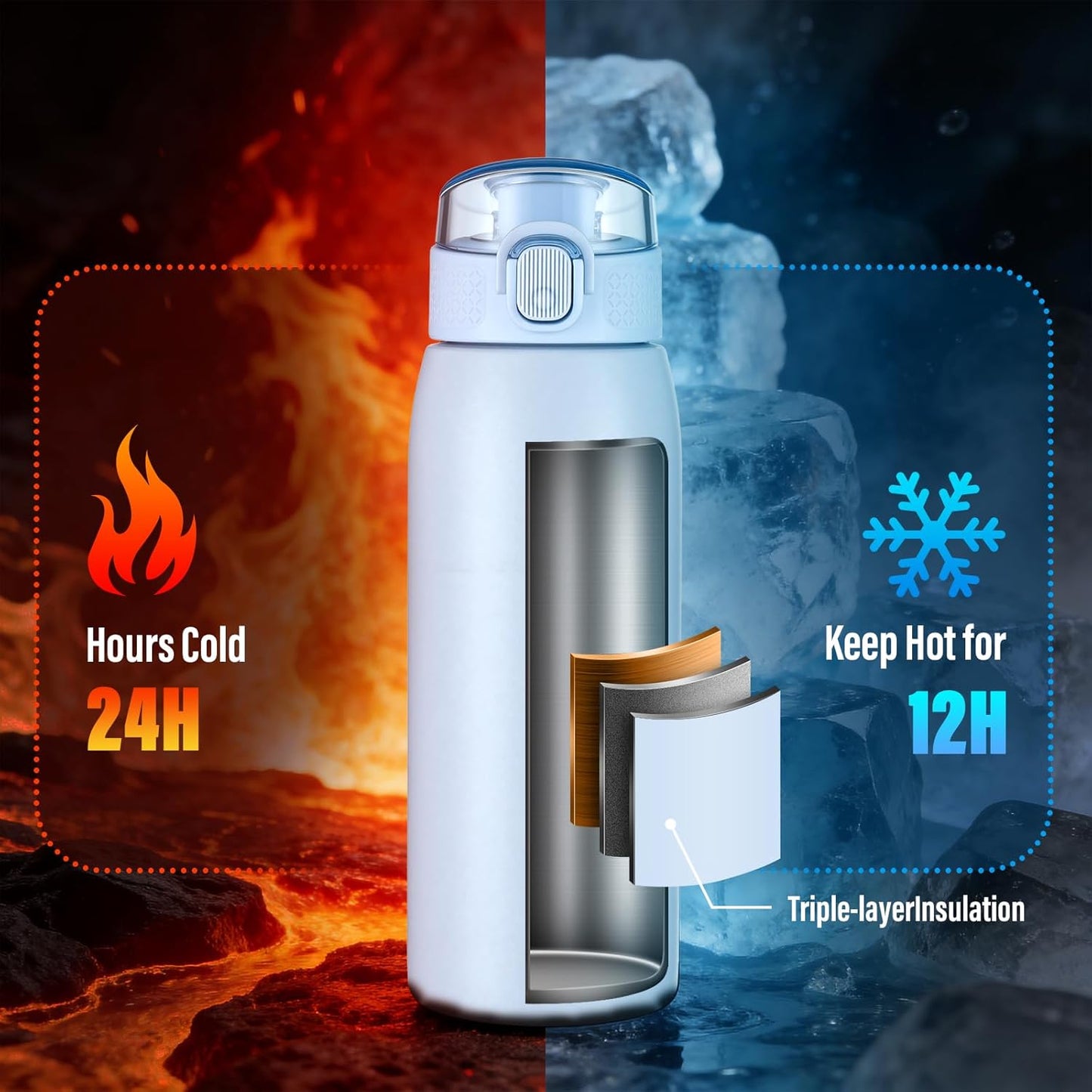 Insulated Water Bottle 24 oz with Dustproof Lid, Carry Handle & Tea Infuser, BPA-Free & Leakproof, Stainless Steel Water Bottles Ideal for Fitness, Hiking, Office & Outdoor Use (Black)