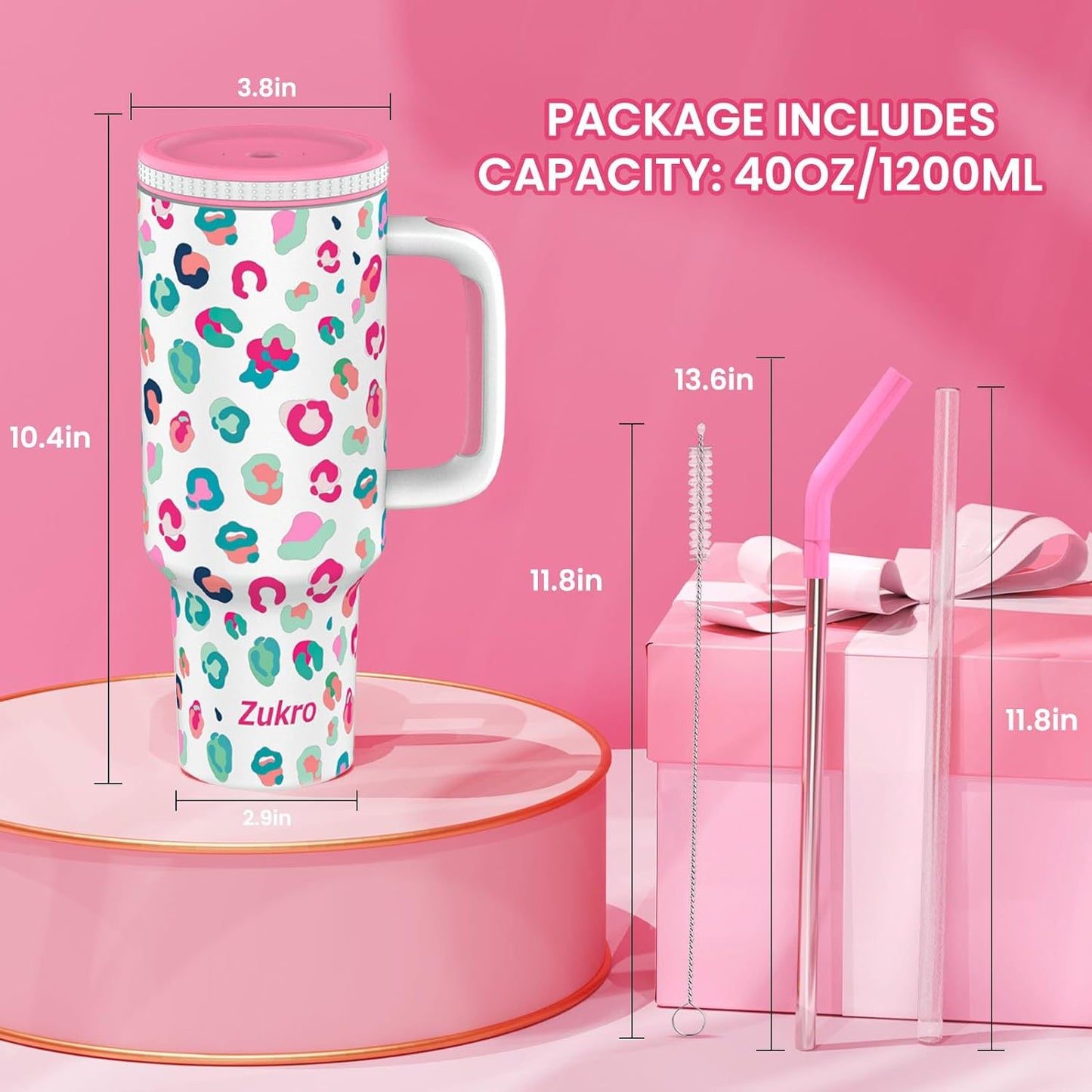Zukro 40 oz Tumbler with Handle and Straw, Vacuum Insulated Stainless Steel Cup Fits in Cupholder for Travel, Home, Office - No Sweat & Keep Drinks Cold - Dishwasher Safe & BPA Free