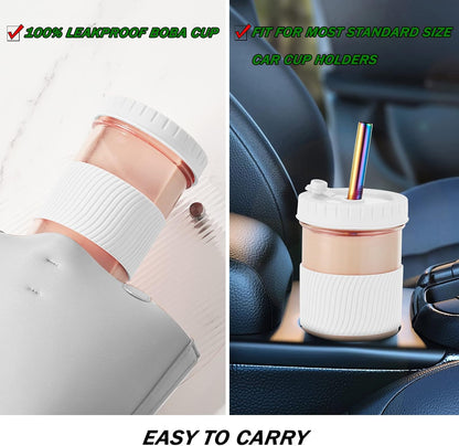 Amyoole 2 Pack Reusable Boba Cup, 24Oz Wide Mouth Smoothie Cup,mason Jar Glass Cups with Lids and Straws,Bubble/Boba Tea Cups,Ice Coffee Tumbler 2 colored straws 1 sponge brush(Pink)