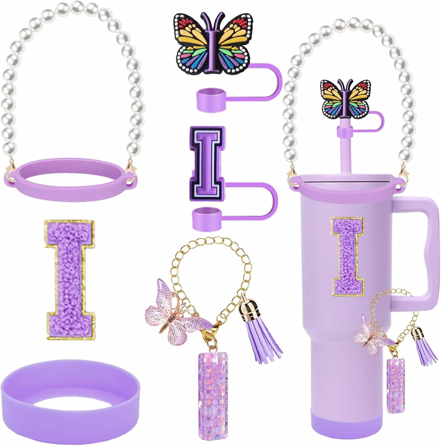 7pcs Cup Accessories for Stanley 30/40oz Tumbler, Handle Strap, Straw Cover, Silicone Boot, Letter Charm Stickers