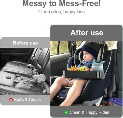 Car Seat Snack Tray for Toddlers - 3 Inch Cup Holder Fits Most Sippy Cups & Straw Bottles with Dip Well, Mess-Free Square Kids Travel Tray Road Trip Essentials, Black