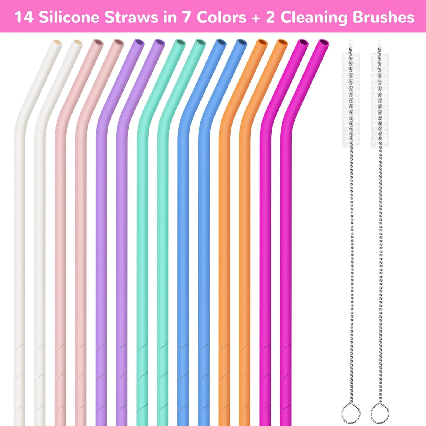 NiHome 14PCS Silicone Straws Fit for Stanley 40oz 30oz Tumbler, 14” Extra Long Reusable Drinking Straw, Flexible Can Cut Length for 1/Half Gallon 75 64 OZ Large Water Bottle - 2 Brushes (Rainbow)