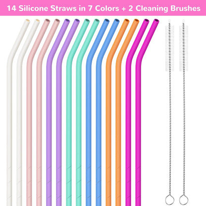 NiHome 14PCS Silicone Straws Fit for Stanley 40oz 30oz Tumbler, 14” Extra Long Reusable Drinking Straw, Flexible Can Cut Length for 1/Half Gallon 75 64 OZ Large Water Bottle - 2 Brushes (Rainbow)