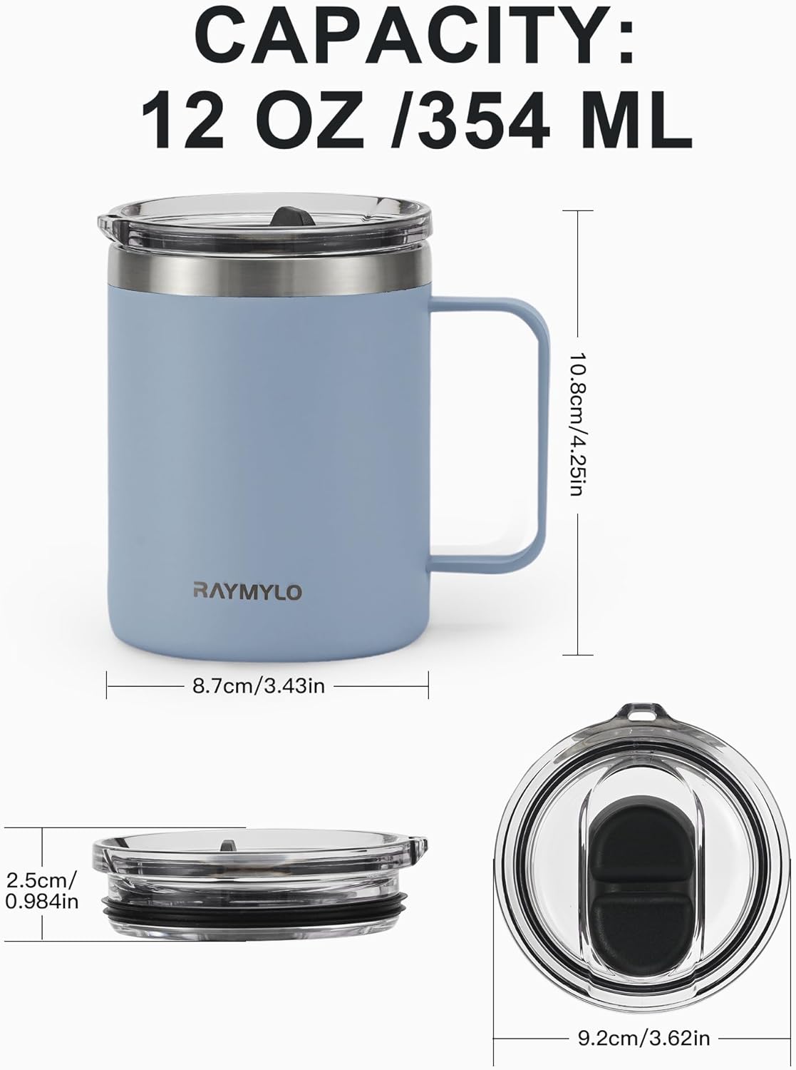 RAYMYLO Insulated Coffee Mug 12 oz, Double Wall Stainless Steel Coffee Mug with Lids, Leak-Proof & Detachable Slider Lid for Thorough Clean, Keeps Coffee Cold for 9 Hrs, Suitable for Camp Home Office