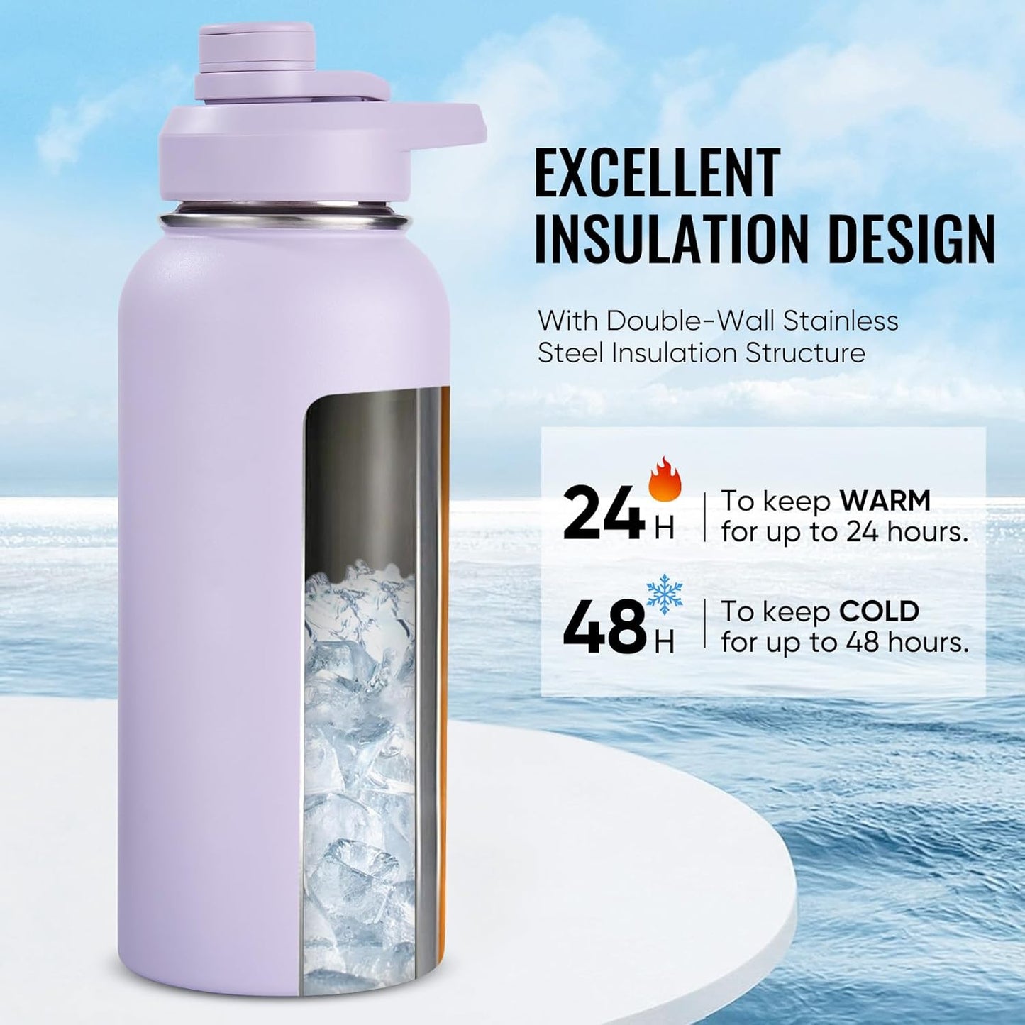 Fijinhom 24 oz Insulated Water Bottle with Handle, 304 Stainless Steel Water Bottles with Wide Mouth, Double Wall Vacuum Sports Water Bottle, BPA Free, Keep Cold and Hot, Black | with Handle