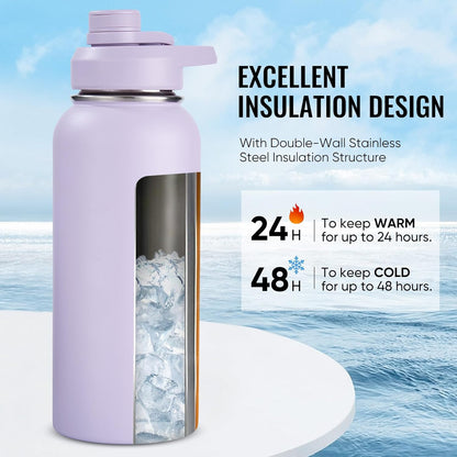Fijinhom 24 oz Insulated Water Bottle with Handle, 304 Stainless Steel Water Bottles with Wide Mouth, Double Wall Vacuum Sports Water Bottle, BPA Free, Keep Cold and Hot, Black | with Handle