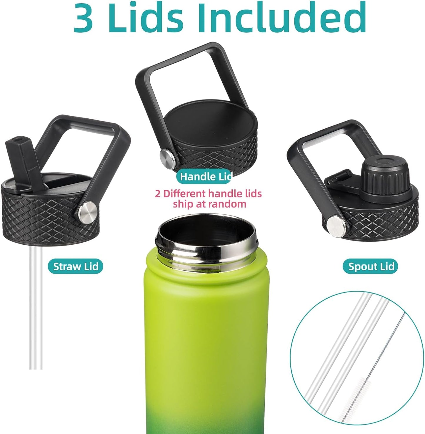 Konokyo 22oz Stainless Steel Bottles with 3 Lids Sport Insulated Water Bottle,Mint