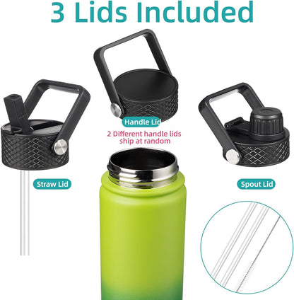 Konokyo 22oz Stainless Steel Bottles with 3 Lids Sport Insulated Water Bottle,Mint