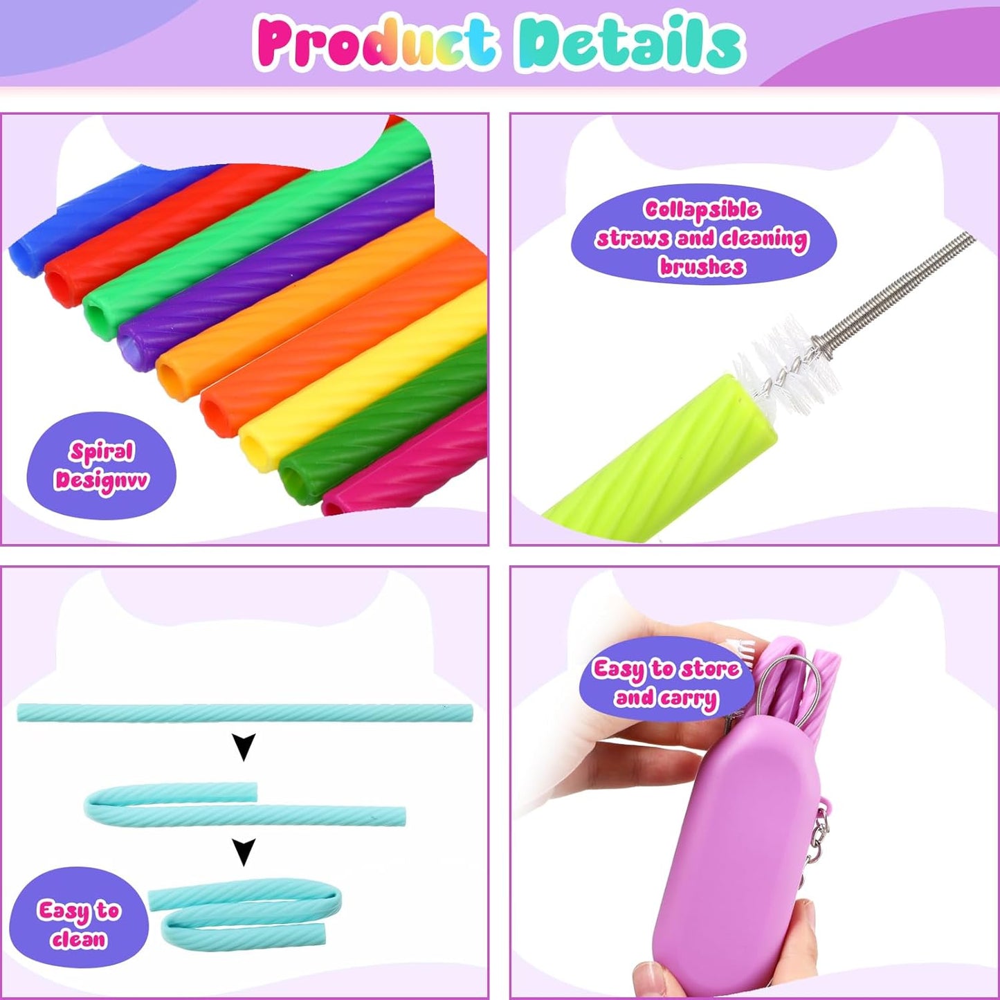 Irenare 20 Sets Silicone Straws with Case Reusable Collapsible Foldable Travel Portable Straw Cold or Hot Drinking with Carry Case, Long Cleaning Brush and Keychain, 10 Colors(Classic)