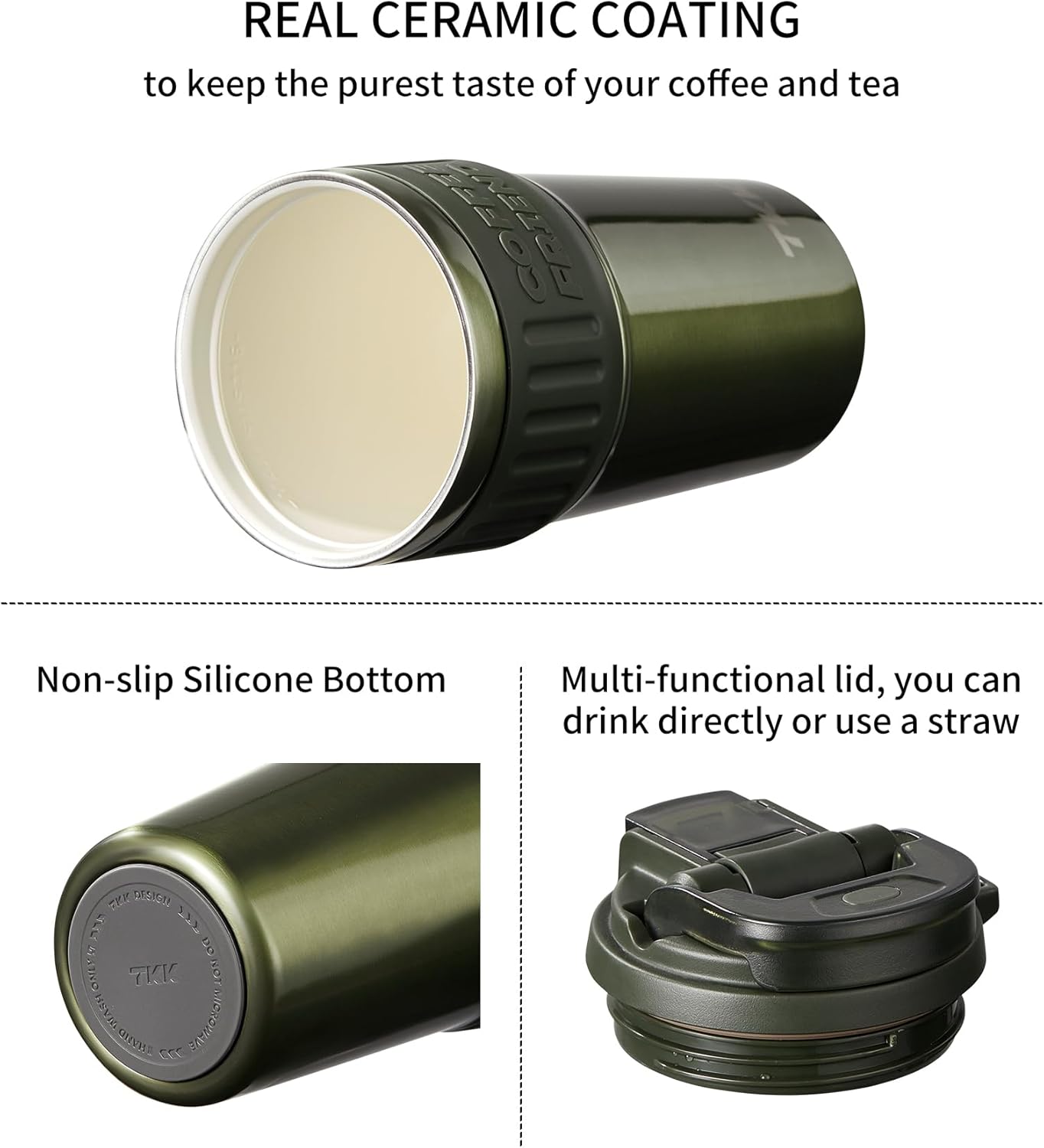 TKK Insulated Coffee Mug with Ceramic Coating, 21oz Iced Coffee Tumbler Cup with Straw Lid Double Wall Vacuum Leak Proof Travel Mug with Strap for Hot and Iced Beverage, Tungsten Steel